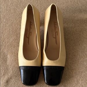 Salvatore Ferragamo Cream and Black Leather Block Heel Pumps Size 8B